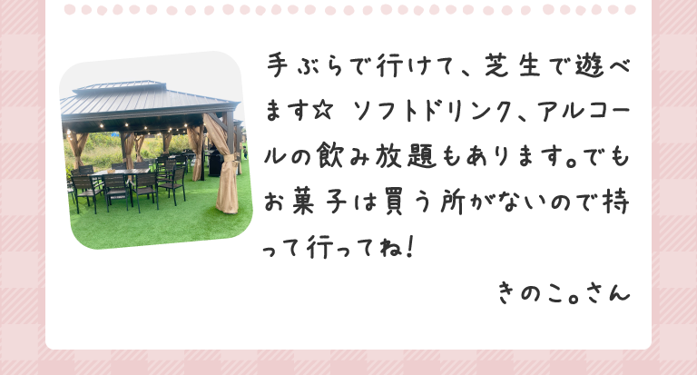 手ぶらで行けて、芝生で遊べます☆ ソフトドリンク、アルコールの飲み放題もあります。でもお菓子は買う所がないので持って行ってね！きのこ。さん