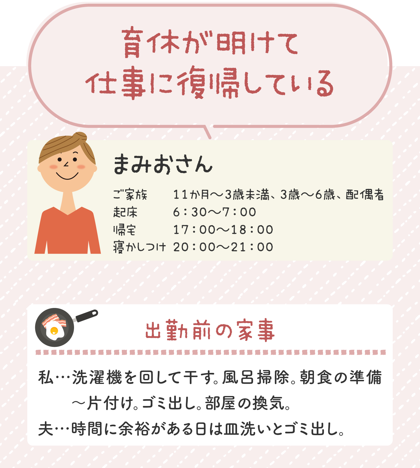 育休が明けて仕事に復帰しているまみおさん、出勤前の家事
